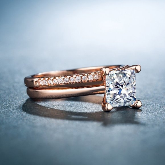 Engagement and Wedding Rose Gold Ring Set for Women, VIP078 - Picture 5 of 6